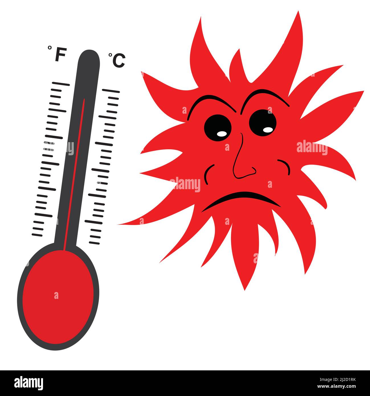 Thermometer und trauriges Gesicht der roten Sonne brennen.Globale Erwärmung und Klimawandel Konzept. Stock Vektor