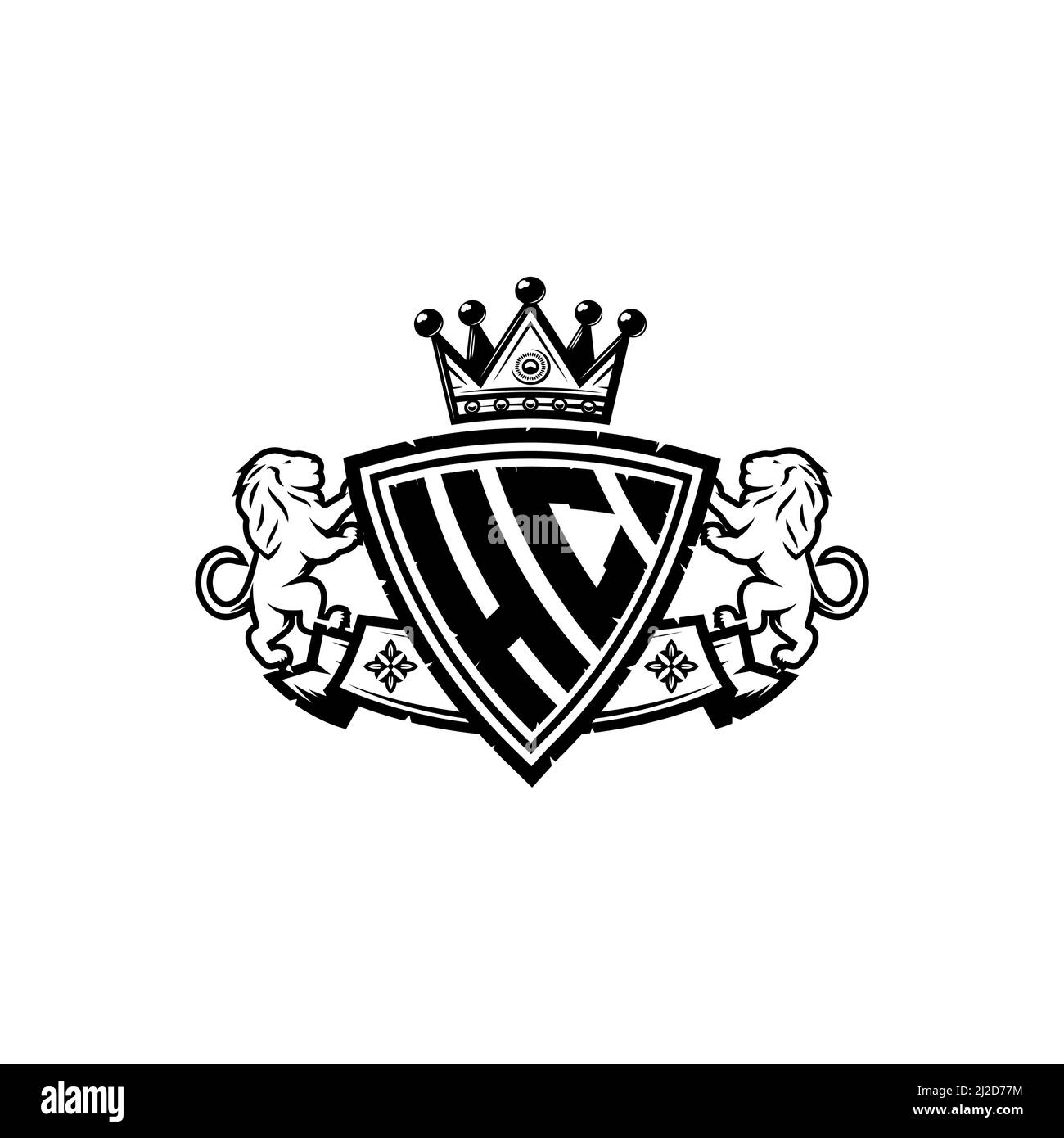 HC Monogram Logo mit schlichtem Schild im Kronenstil. Luxuriöses Monogramm, Löwen Luxus-Logo, Stock Vektor