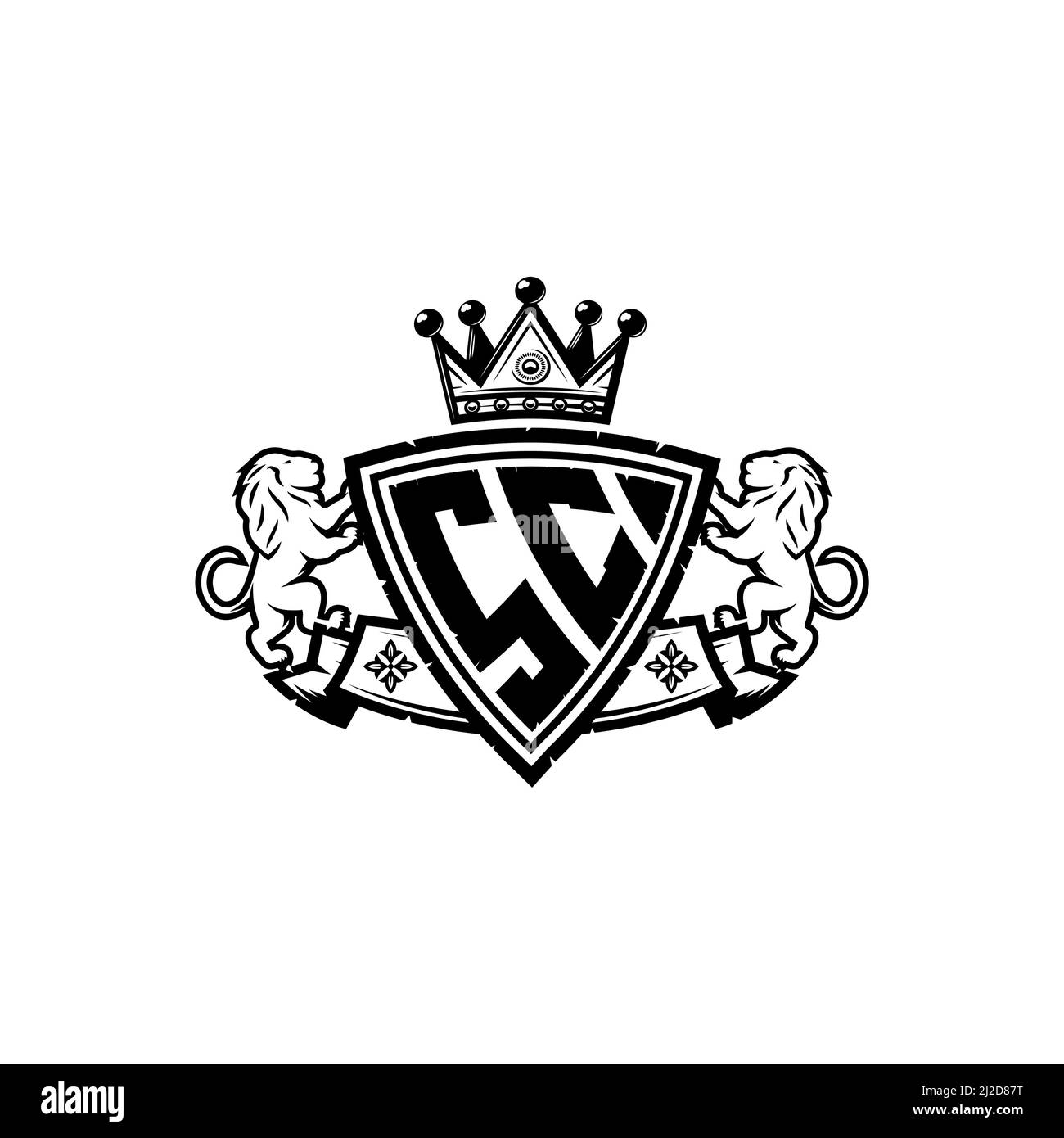 SC Monogram Logo-Buchstabe mit schlichtem Schild im Kronenstil. Luxuriöses Monogramm, Löwen Luxus-Logo, Stock Vektor