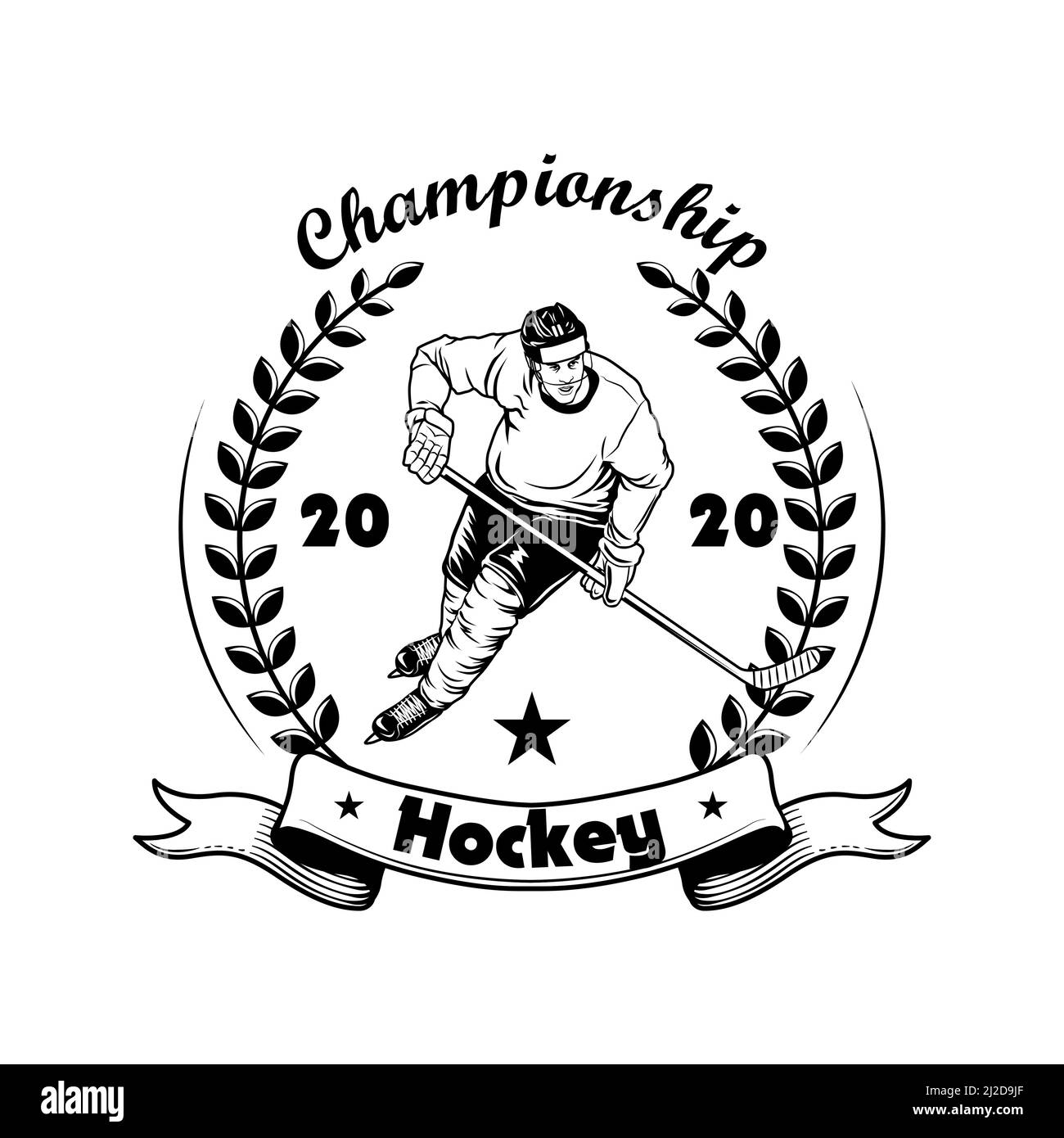 Hockey-Meisterschaft Label Vektor-Illustration. Eishockey-Spieler in Helm, Uniform und Schlittschuhe, Lorbeerkranz, Meisterschaft Text. Sport oder Fan Communi Stock Vektor