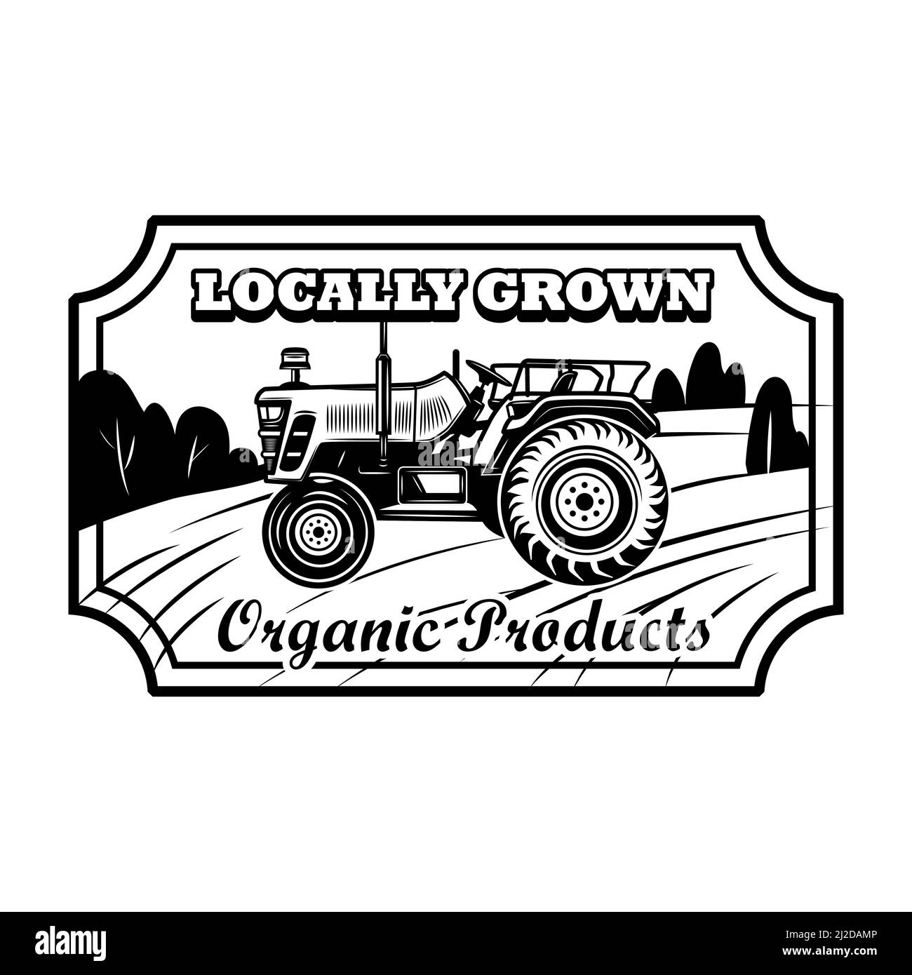 Organic Product Badge Vektorgrafik. Bauerntraktor, Sechskantrahmen, lokal gewachsener Text. Landwirtschaft oder Agronomie Konzept für Embleme, Briefmarken, la Stock Vektor