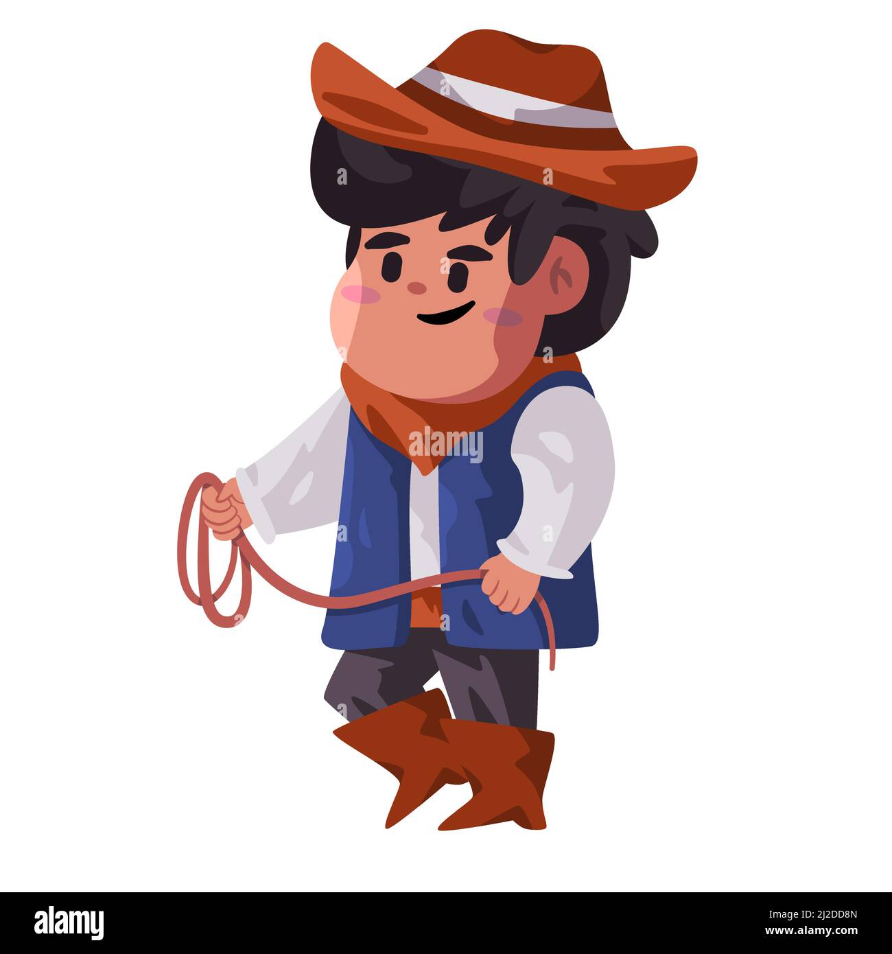 Jungen mit Cowboy Kinder Rodeo festliches Western america Kostüm mit Seil brauner Hut Stock Vektor