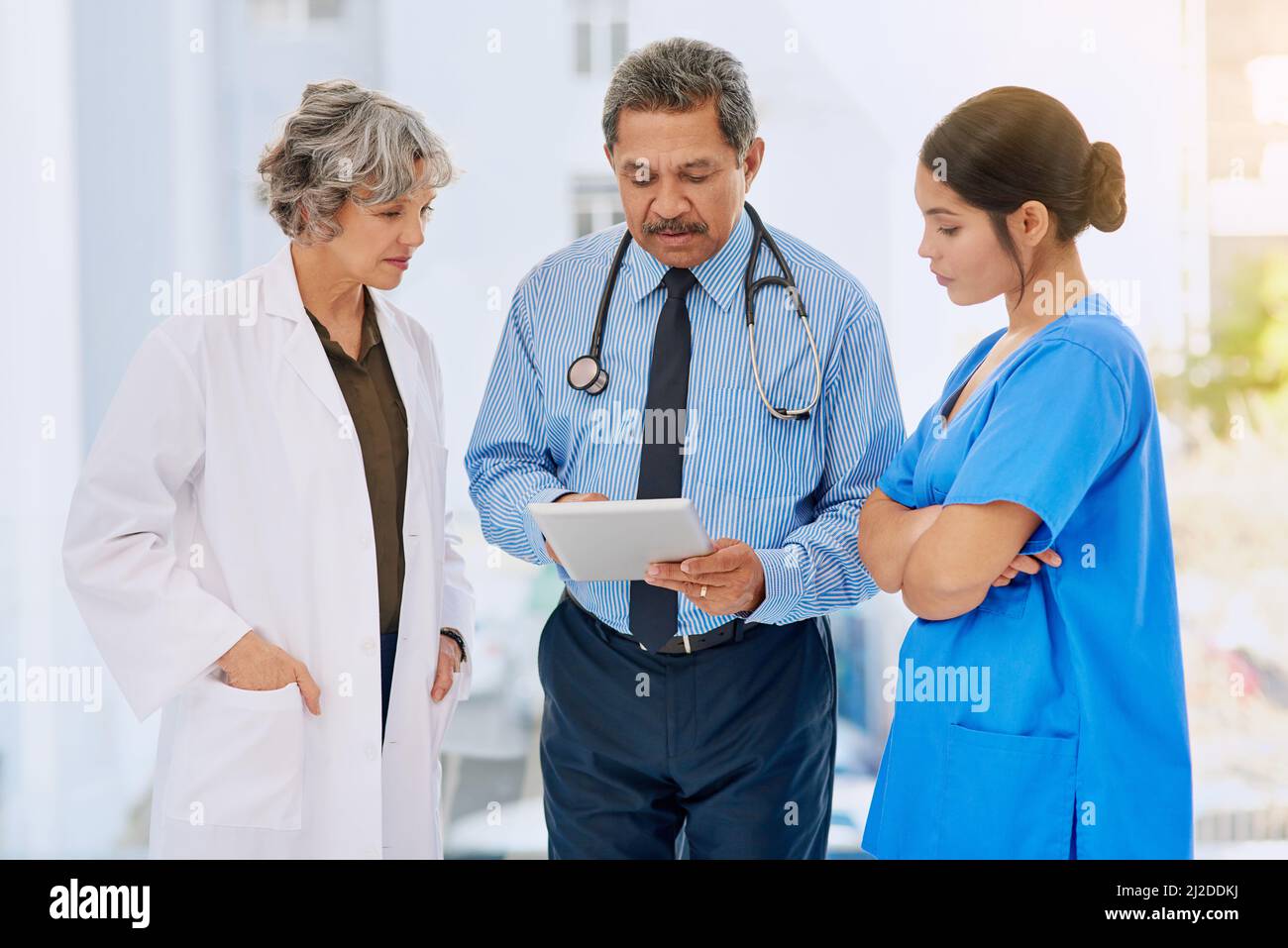 Gehen Sie einige Krankenakten durch. Aufnahme von drei medizinischen Fachkräften, die auf einem Tablet die Krankenakten betrachten. Stockfoto