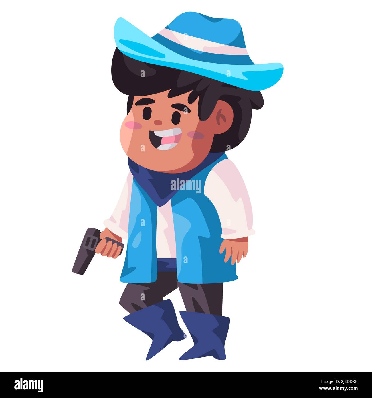 Jungen mit Cowboy Kinder Rodeo festliche Western america Kostüm mit Pistole Pistole blauen Hut Stock Vektor