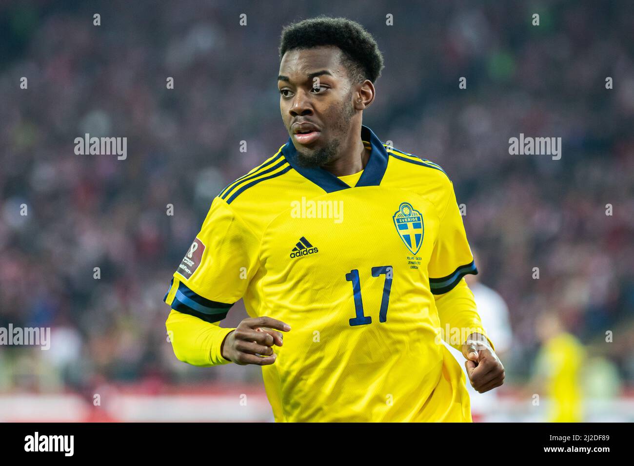 Der Schwede Anthony Elanga wurde während des Play-off-Spiels der FIFA-Weltmeisterschaft 2022 im Schlesischen Stadion in Chorzow, Polen, in Aktion gesehen. (Endstand; Polen 2:0 Schweden). (Foto von Mikolaj Barbanell / SOPA Images/Sipa USA) Stockfoto