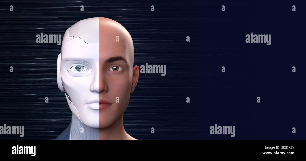 Halb humanoider Roboter Metaverse und Cyberpunk-Konzept, 3D Rendering Stockfoto