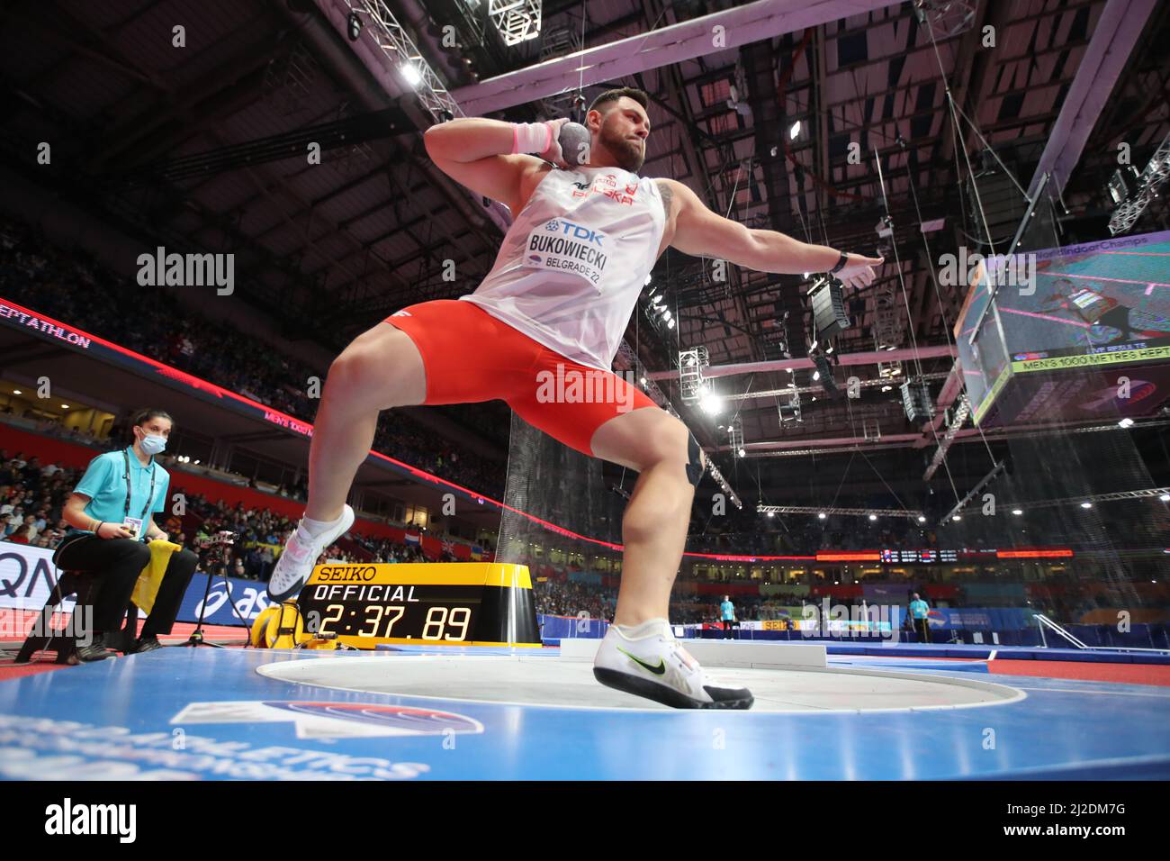 Konrad Bukowiecki (POL) platziert 10. in der Aufnahme auf 68-2 1/2 (20,79m) während der Leichtathletik-Hallenweltmeisterschaften, Samstag, 19. März 2022, in B Stockfoto