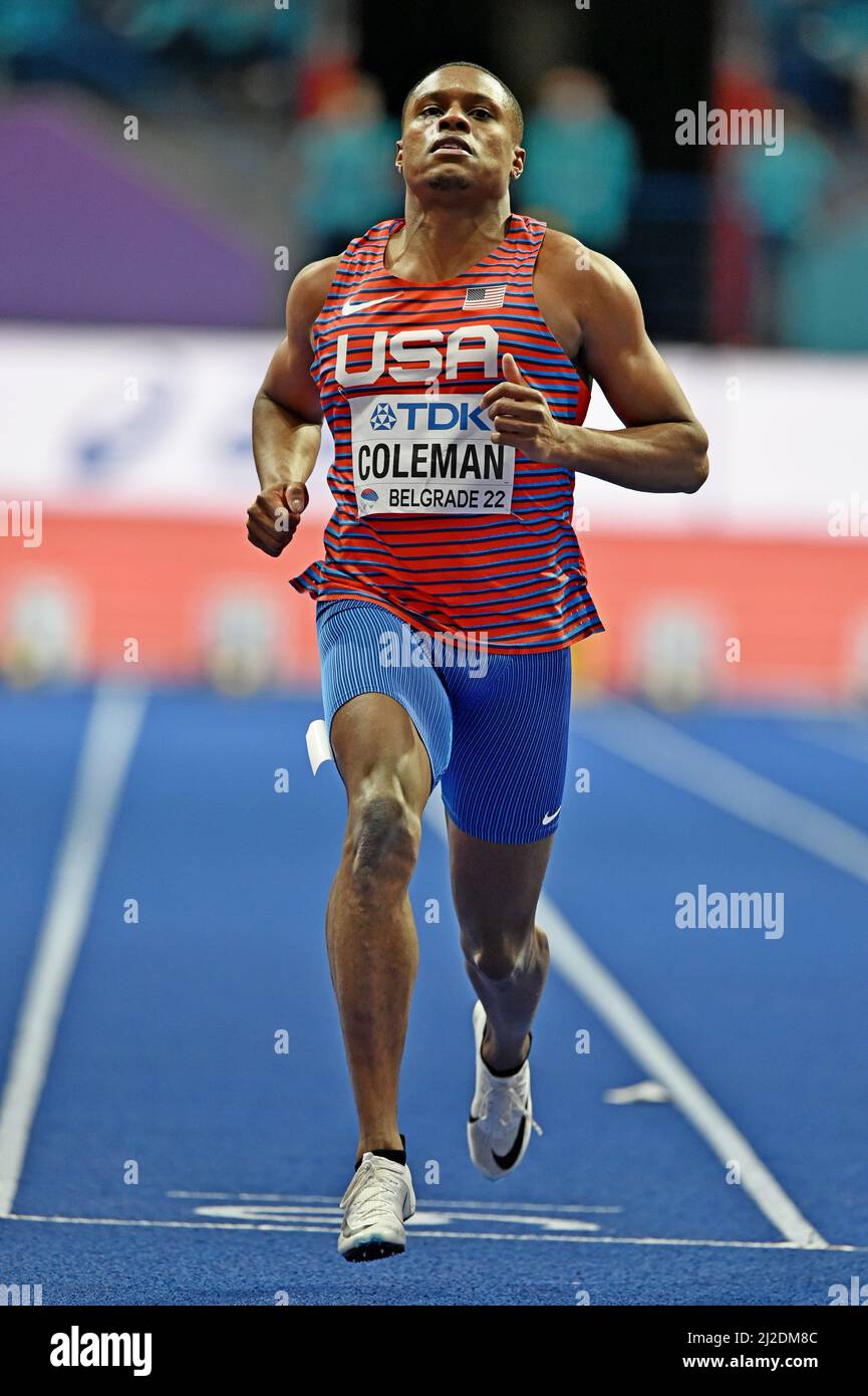 Christian Coleman (USA) wird 6,41 im Rahmen der Leichtathletik-Hallenweltmeisterschaften am Samstag, den 19. März 2022, in Belgrad Zweiter im Jahr 60m. Serbien Stockfoto