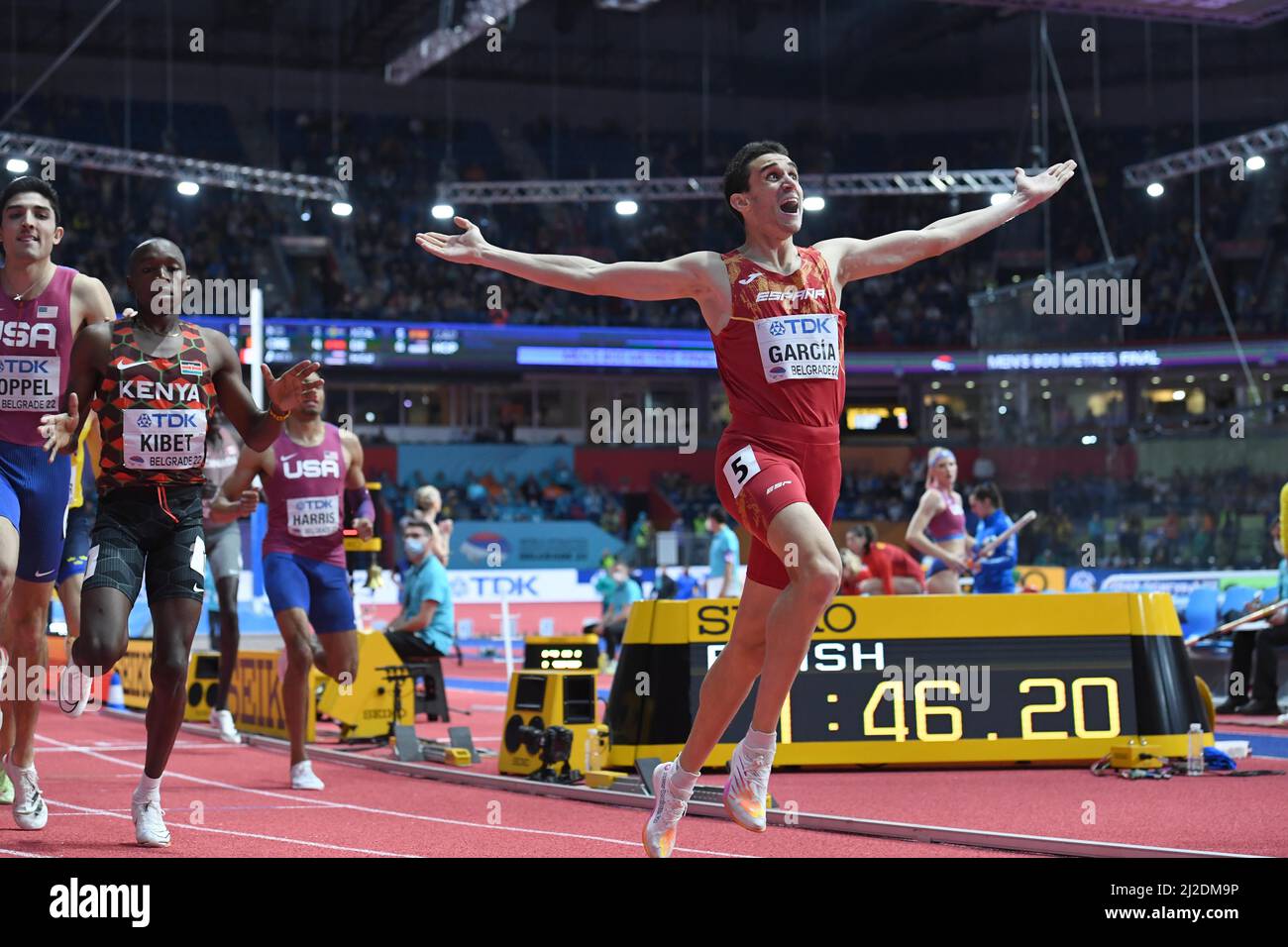 Gabbi Cunningham (USA) belegt 7,87 bei den 60m Hürden der Frauen im Rahmen der Leichtathletik-Hallenweltmeisterschaften am Samstag, 19. März 2022, in Be den dritten Platz Stockfoto