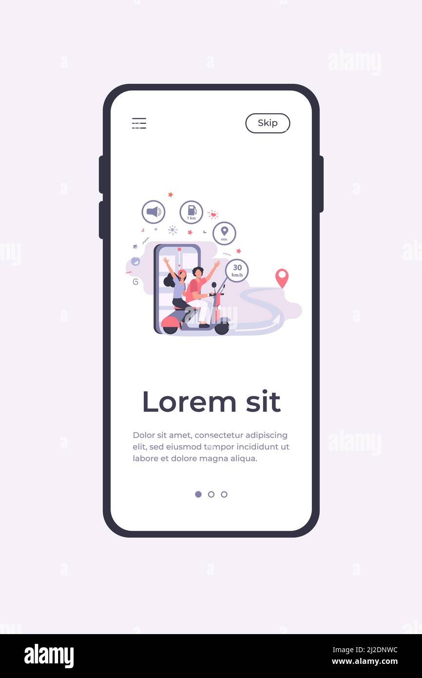 Menschen Reiten Roller, mit Navigation App und Stadtplan auf dem Handy für die Verfolgung. Vektorgrafik für Pendeln, moderne Technik, Reisen, l Stock Vektor