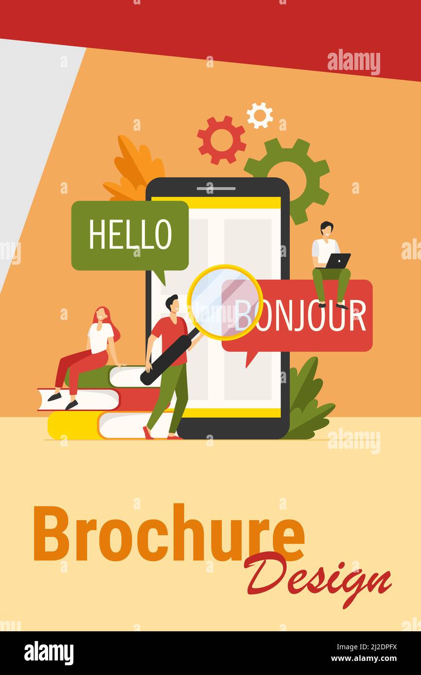 App wird auf dem Mobiltelefon übersetzt. Personen, die Online-Übersetzungsdienst verwenden und aus dem Englischen ins Französische übersetzen. Vektor-Illustration für Fremdsprache Stock Vektor