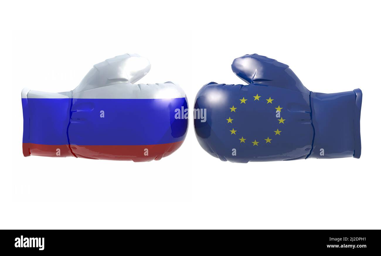 Boxhandschuhe mit russischer und Euro-Flagge, isolierte abbildung 3D Stockfoto