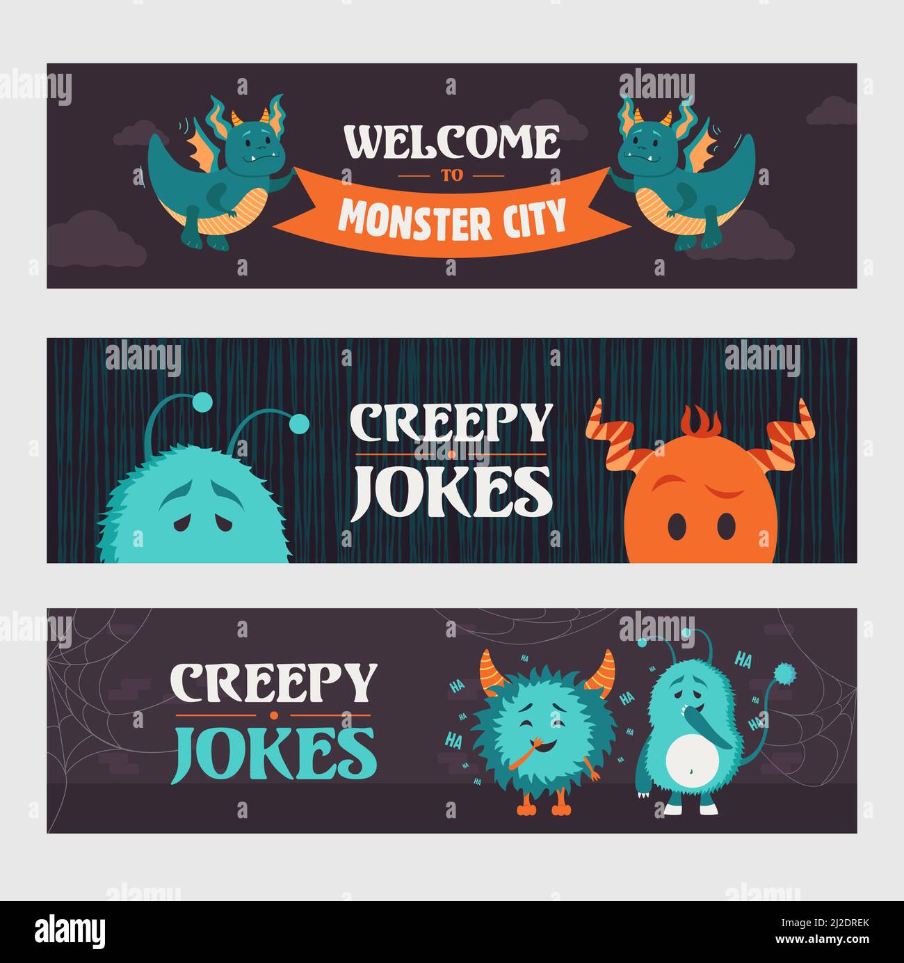 Gruselige Witze Banner-Designs für Party. Niedliche Monster und Kreaturen auf dunklem Hintergrund. Halloween und Feiertagskonzept. Vorlage für Poster, Promotion o Stock Vektor