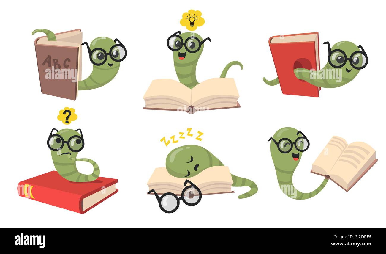 Lustige Bücherwürmer flache Artikel-Set. Cartoon Bibliothek Würmer in Brillen Buch lesen, schlafen und lächeln isoliert Vektor-Illustration Sammlung. Tiere Stock Vektor