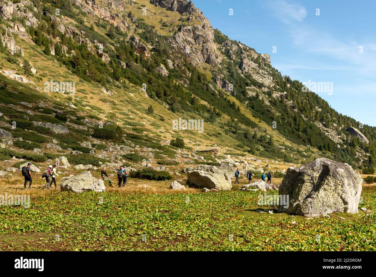 Wanderer bei einer monolithologischen Zusammensetzung der Eiserratik im Urdino Lakes Valley, Rila Mountain, Bulgarien Stockfoto