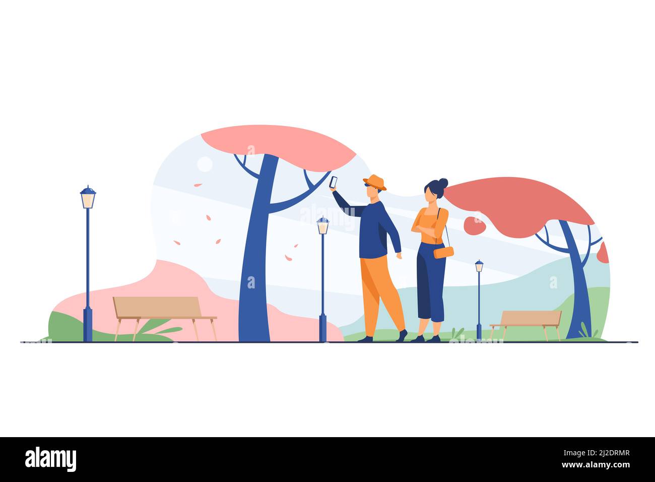 Glückliches Paar, das Selfie im Herbstpark macht. Herbst, Liebe, Jahreszeit flache Vektor-Illustration. Datum und Wochenend-Konzept für Banner, Website-Design oder Landung Stock Vektor