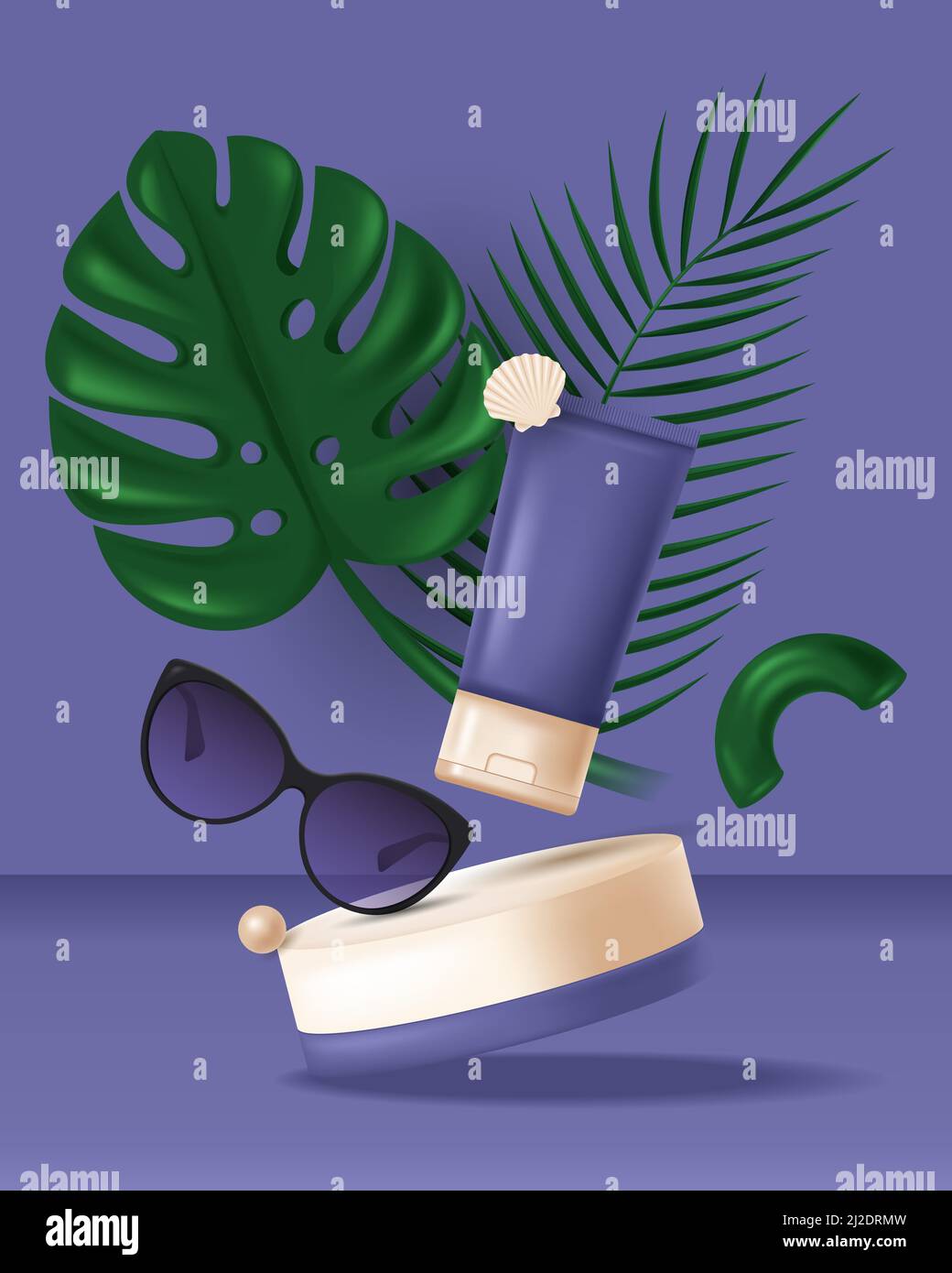 Sommer-Kosmetik-Produkt auf dem Podium, tropisches Blatt, Schale. Vector 3D realistische Illustration in Trendfarbe Stock Vektor