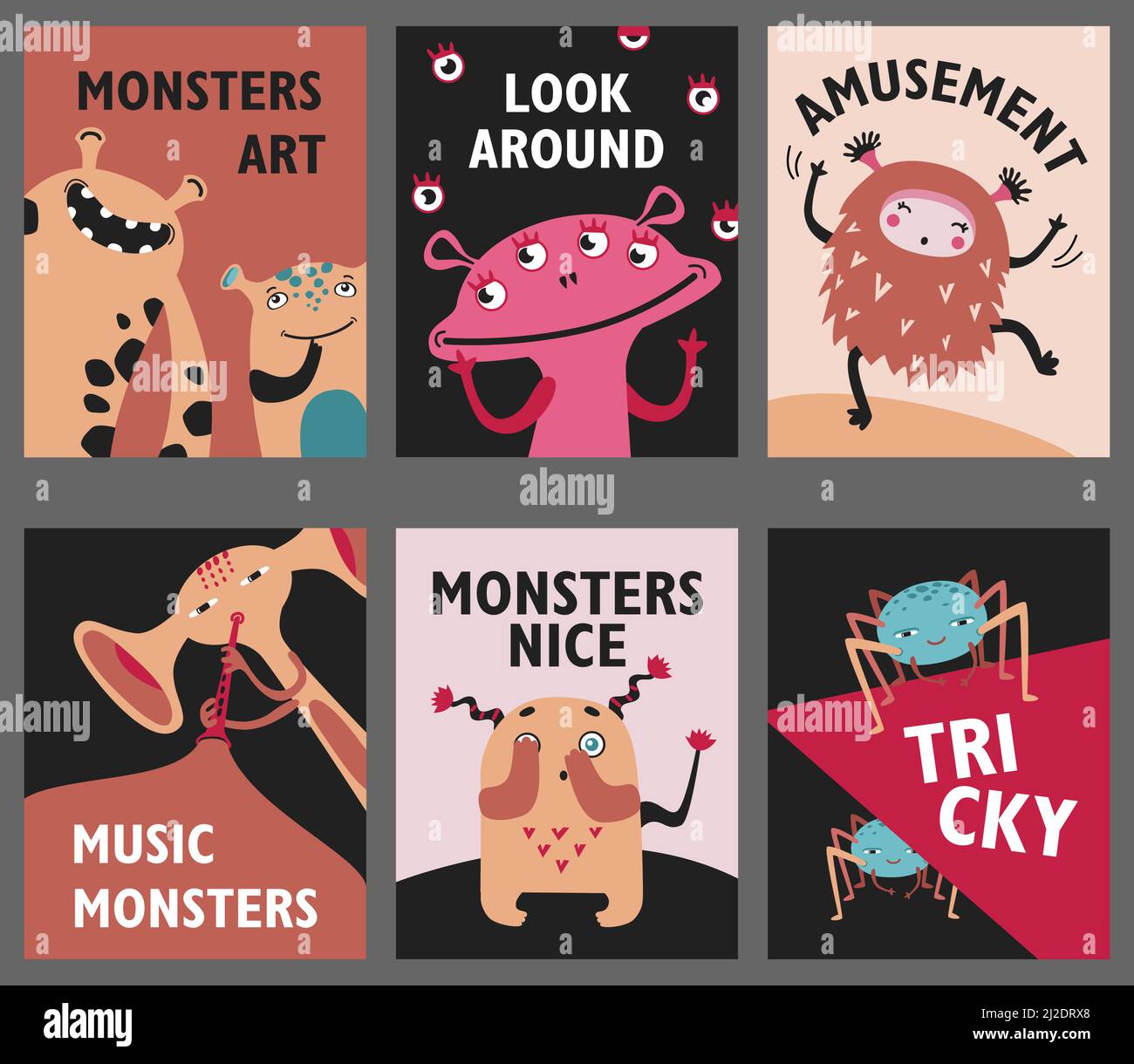 Monster Poster Set. Niedliche Kreaturen oder Tiere Vektor-Illustrationen mit Unterhaltung oder Musik Text. Show für Kinder Konzept für Flyer, Flyer, Begrüßung Stock Vektor