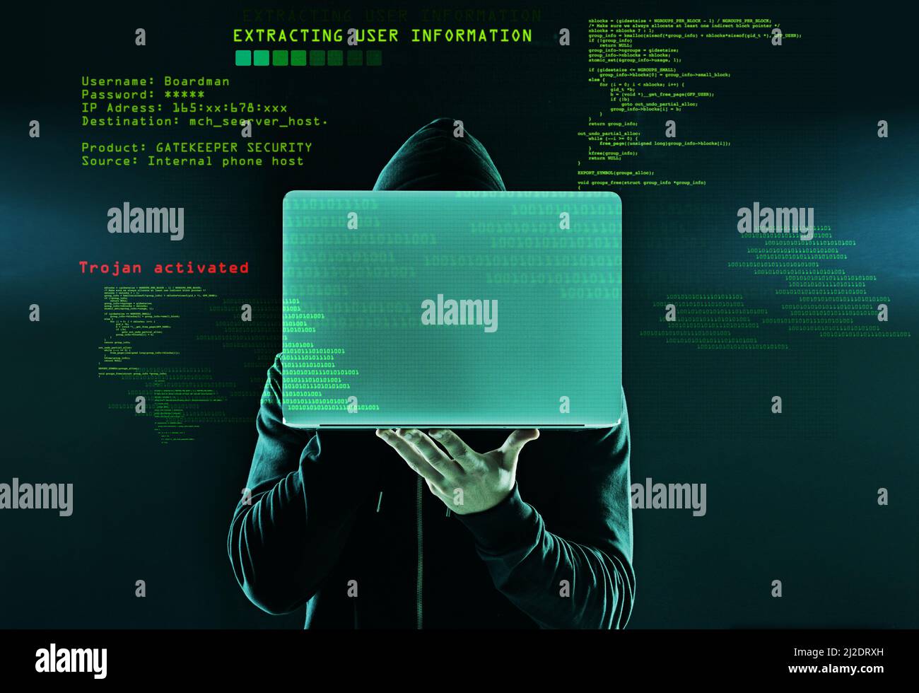 HES hat gerade sein nächstes Opfer gefunden. Aufnahme eines nicht identifizierbaren Hackers, der einen Laptop vor einem dunklen Hintergrund hochhält. Stockfoto