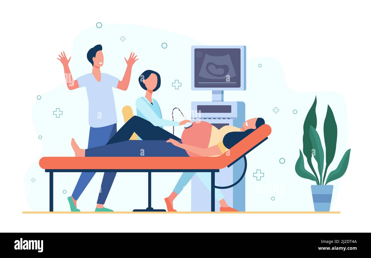 Sonograf Arzt Untersuchung schwangere Frau, Abdomen, mit Ultraschall-Scanner. Vektor-Illustration für Pflege Schwangerschaft, Gynäkologie, medizinische e Stock Vektor