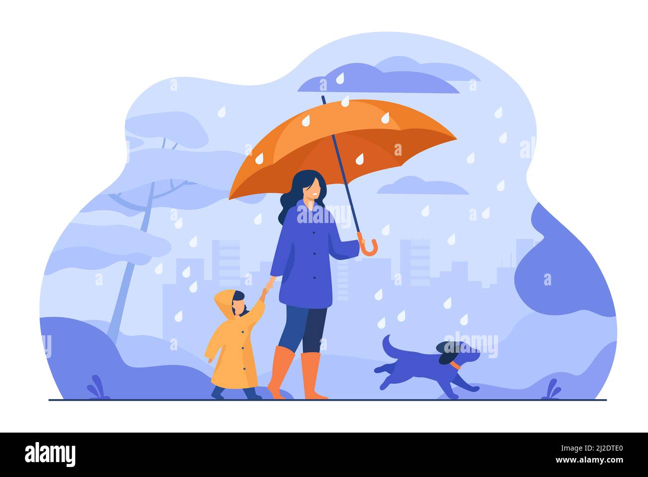 Frau mit Regenschirm, Mädchen im Regenmantel und Hund zu Fuß im Regen im Stadtpark. Vektor-Illustration für Familienaktivitäten, schlechtes Wetter, Regenguss-Konzept Stock Vektor