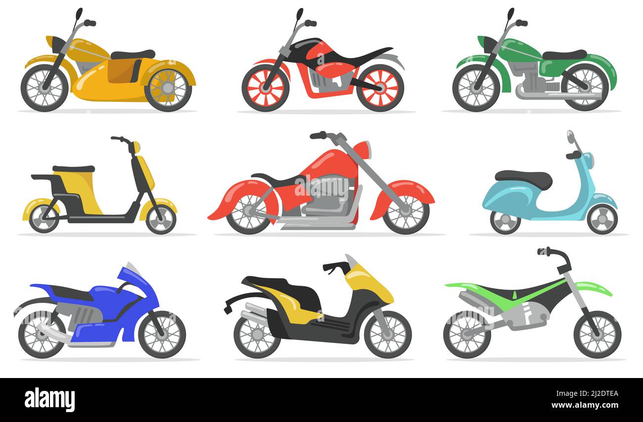 Verschiedene Motorräder Flat item Set. Cartoon Motorräder, Moto-Fahrräder, Roller und Fahrräder isoliert Vektor Illustration Sammlung. Transport und del Stock Vektor