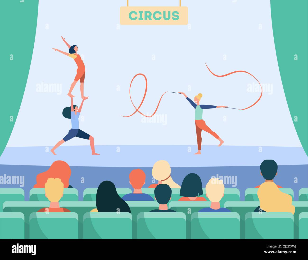 Cartoon Leute beobachten Show im Zirkus. Acrobat, Publikum, Spaß flache Vektor-Illustration. Unterhaltungs- und Performance-Konzept für Banner, Website des Stock Vektor