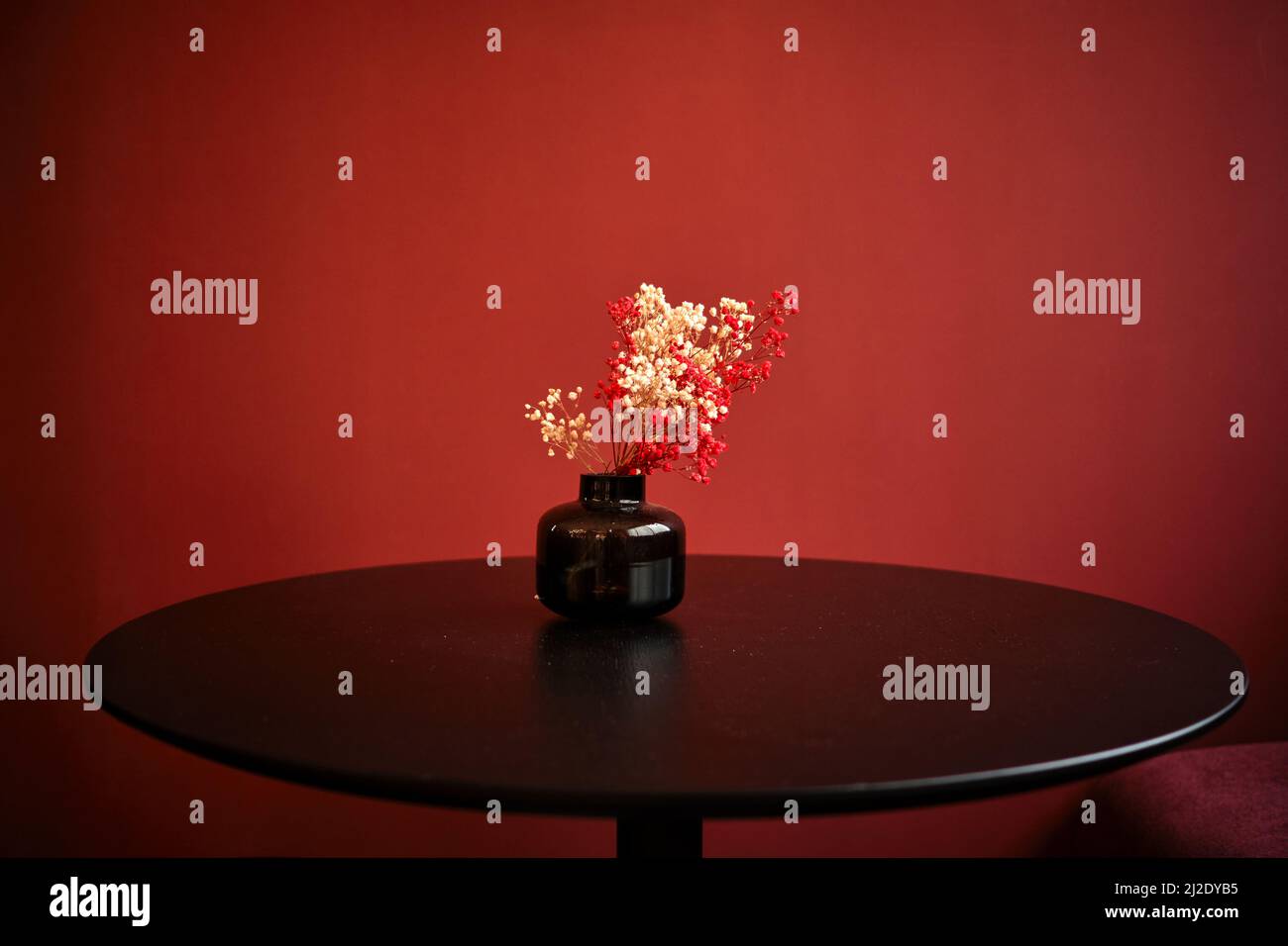 Dekorative Blumen stehen in Vase auf schwarzem Tisch vor dem Hintergrund der roten Wand. Speicherplatz kopieren. Stockfoto