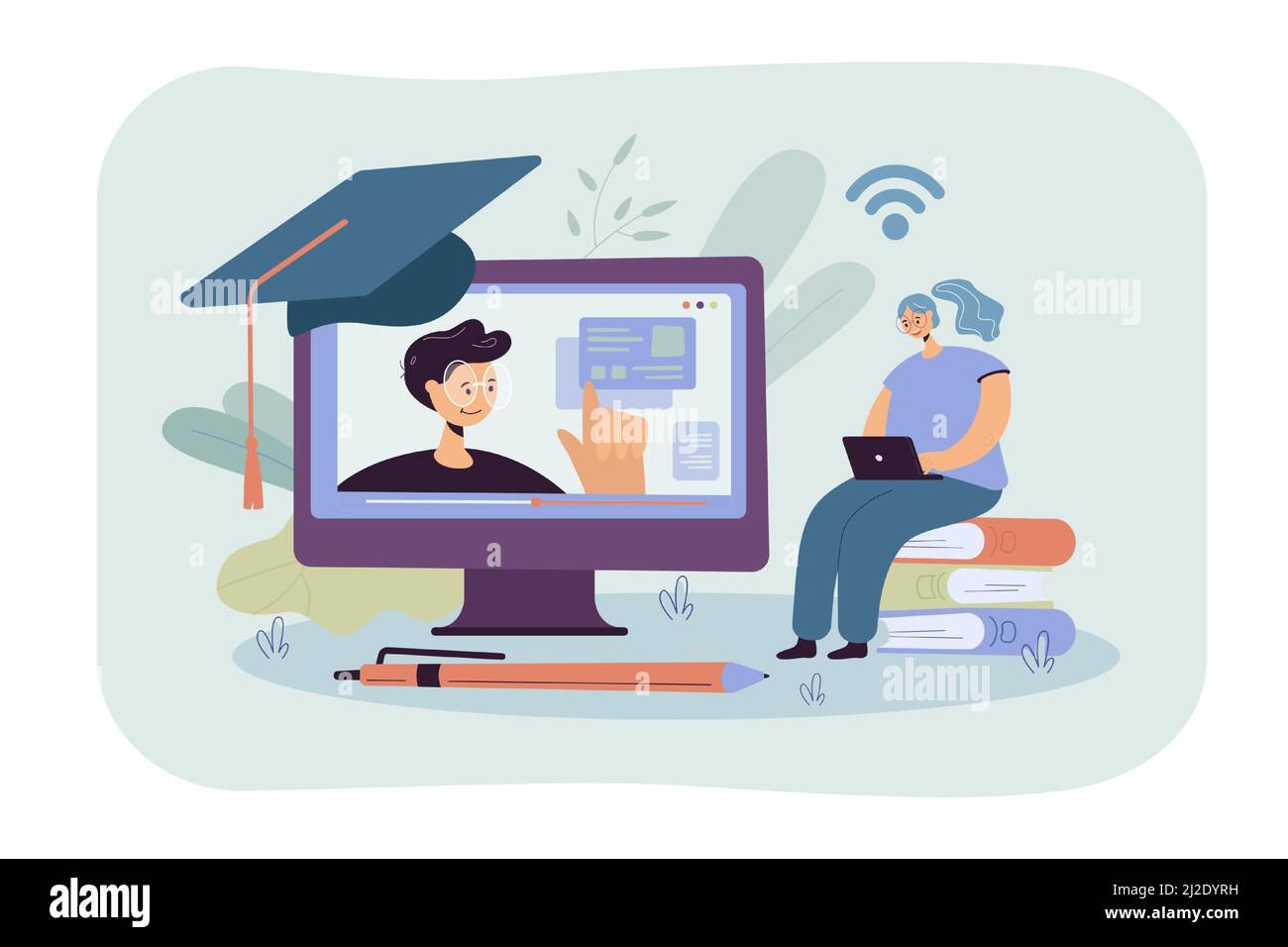 Fröhliche Frau, die im Internet studiert, sich ein Webinar am Computer ansieht, an einem Online-Kurs teilnimmt. Vektor-Illustration für Wissen, Bildung, Distanz lernen Stock Vektor