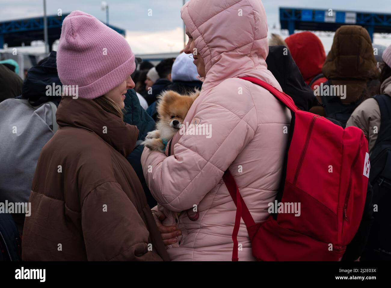 Ukrainische Flüchtlinge, die am 26. Februar 2022 am Grenzübergangsbahnhof Isaccea, Rumänien, eintreffen. Stockfoto