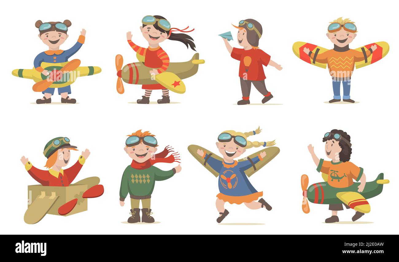 Kinder spielen Air Crew Set. Fröhliche Jungen und Mädchen tragen Piloten Kostüm und handgemachte Spielzeug Flugzeuge. Vektor-Illustrationen für Kindheit, Spiel, aviat Stock Vektor