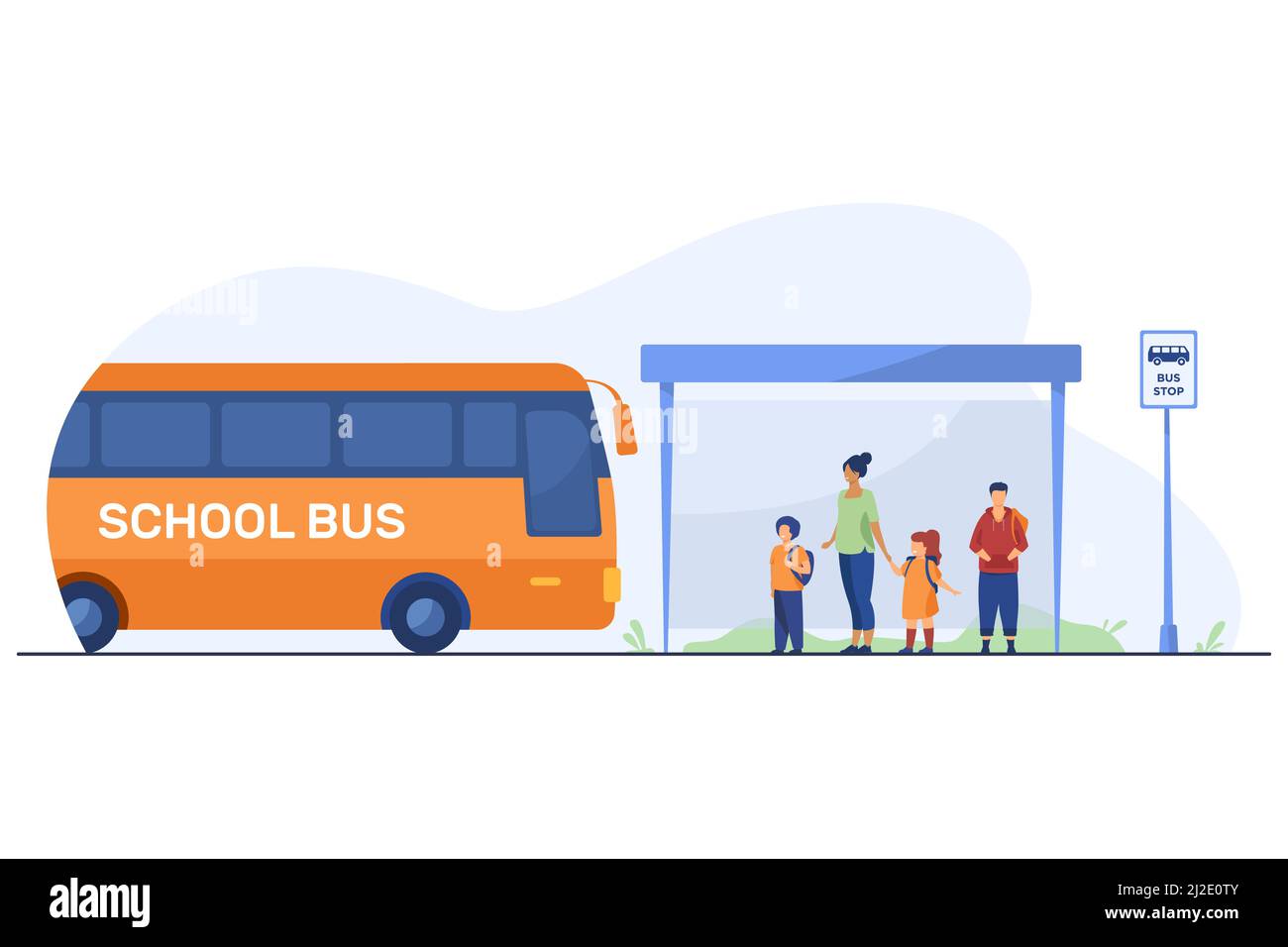 Kinder mit Lehrer warten an der Bushaltestelle auf den Bus. Schule, Fahrzeug, Kind flache Illustration. Transport- und Bildungskonzept für Banner, Website de Stock Vektor