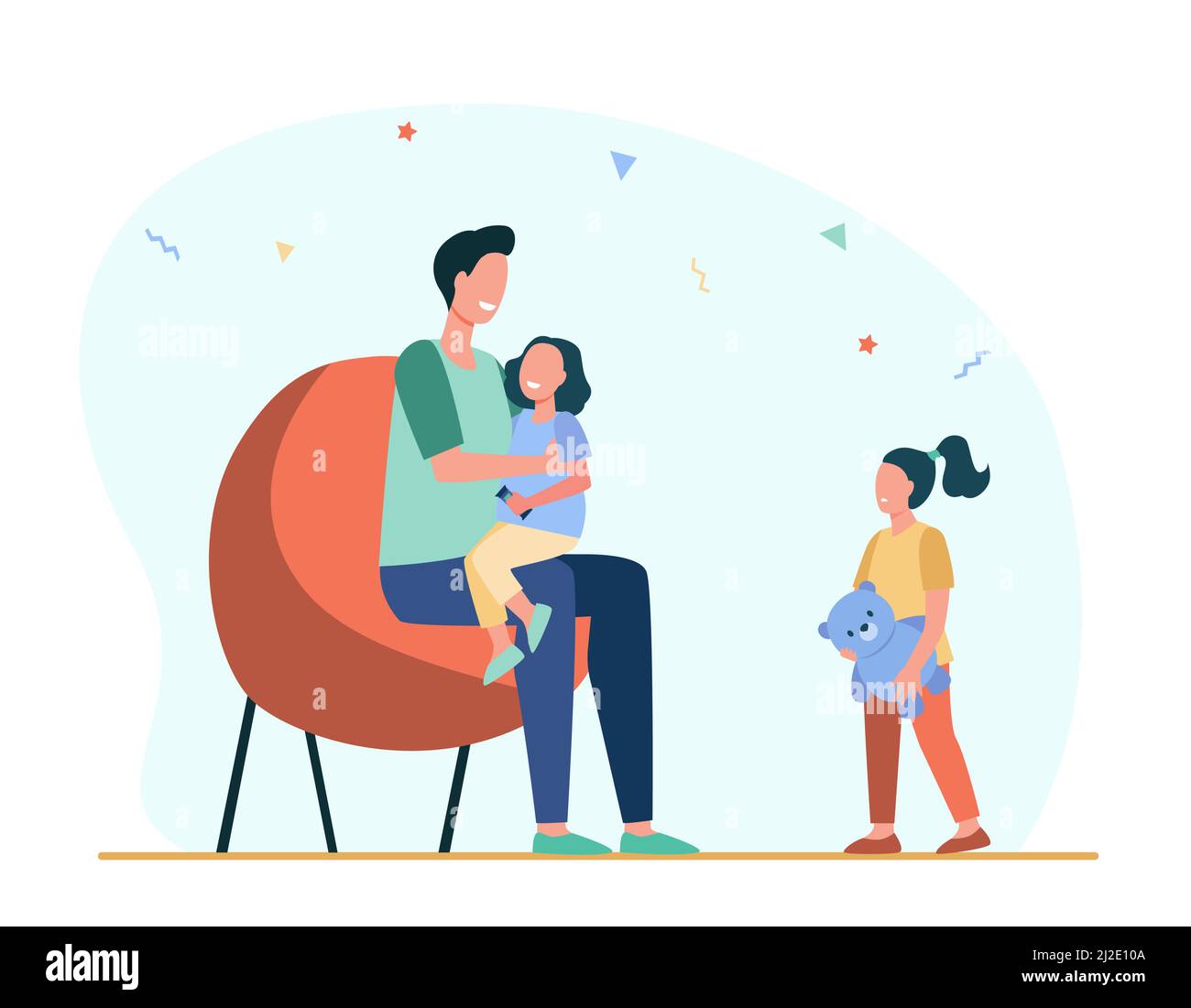 Papa, der nur einem Kind Aufmerksamkeit schenkt. Tochter, Eltern, Spielzeug flache Vektor-Illustration. Elternschaft und Beziehungskonzept für Banner, Website-Design Stock Vektor