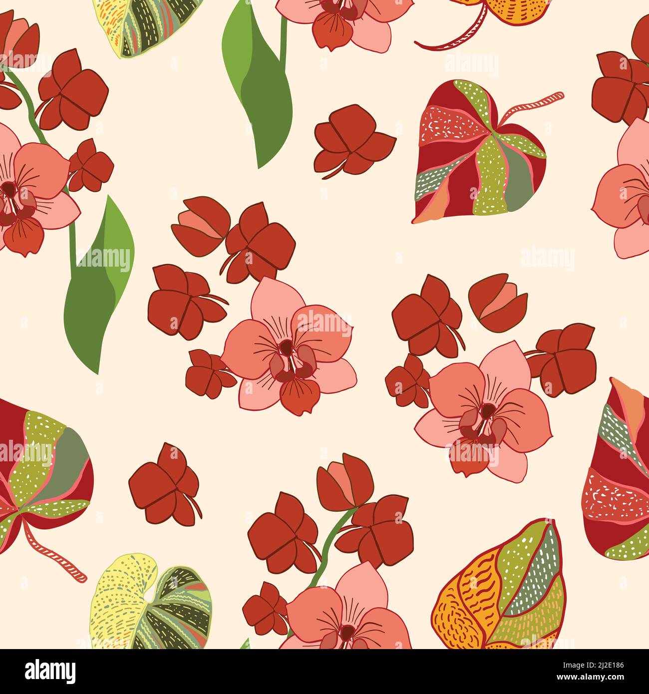 Dekoratives Vektor-Nahtloses Muster mit hellen Blättern aus Monstera und Blumen. Tropischer Hintergrund, Dschungel Tapete. Stock Vektor