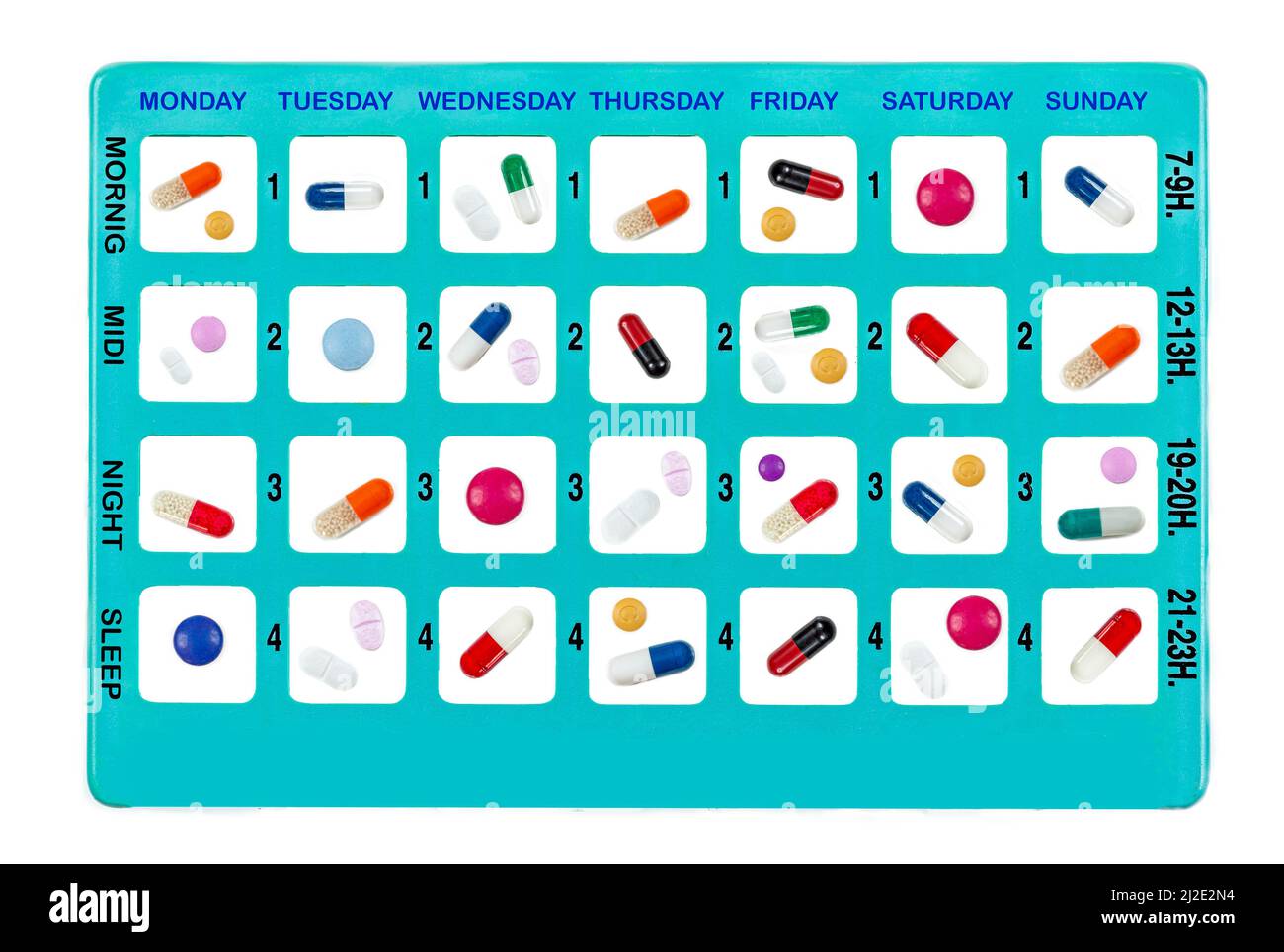 Wöchentliche Medikamente in einem Pillenkasten für den täglichen Gebrauch auf englisch Stockfoto