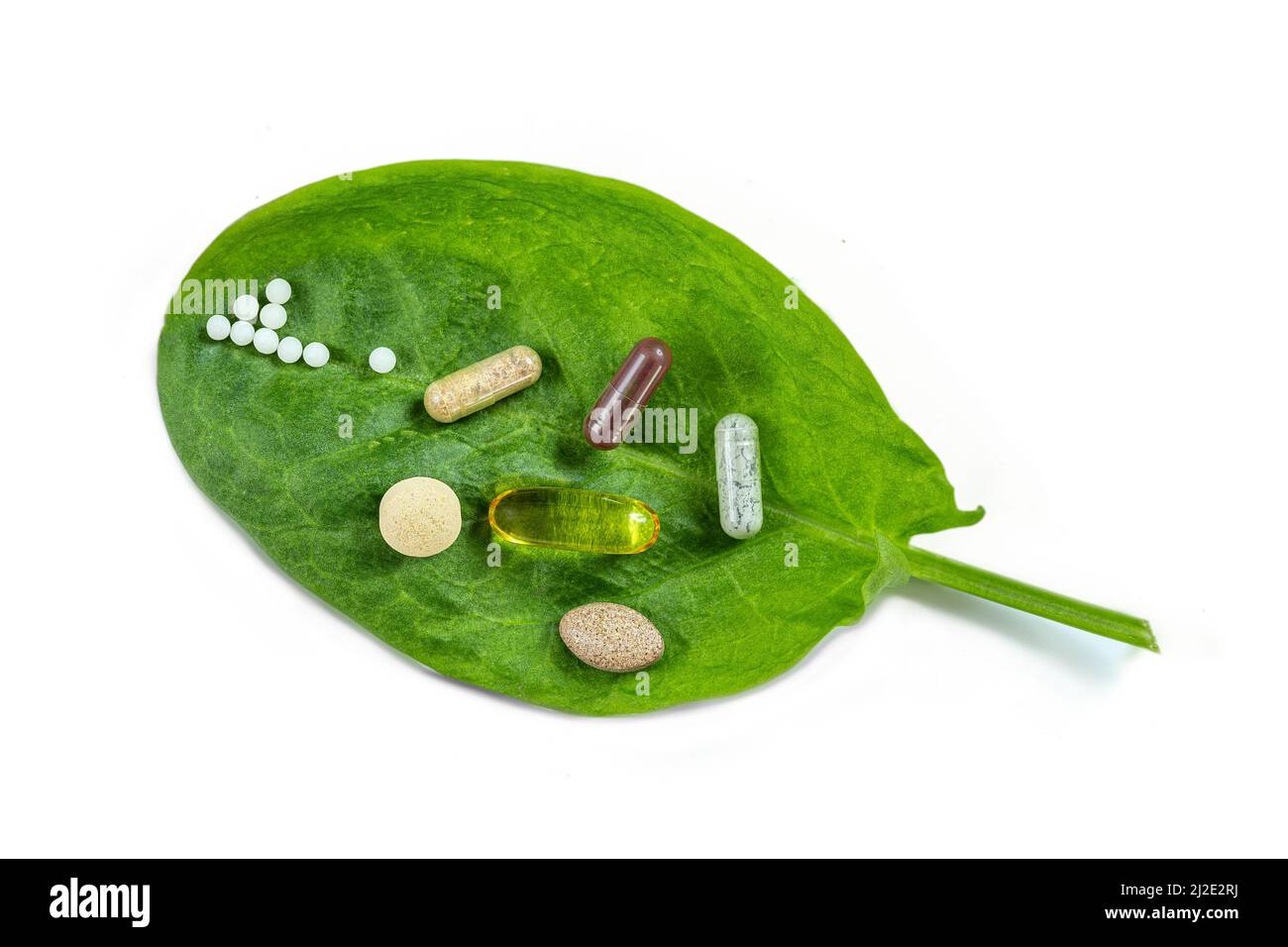 Homöopathie - ein Homöopathie-Konzept mit homöopathischer Medizin und Nahrungsergänzungsmittel auf grünen Blättern Stockfoto