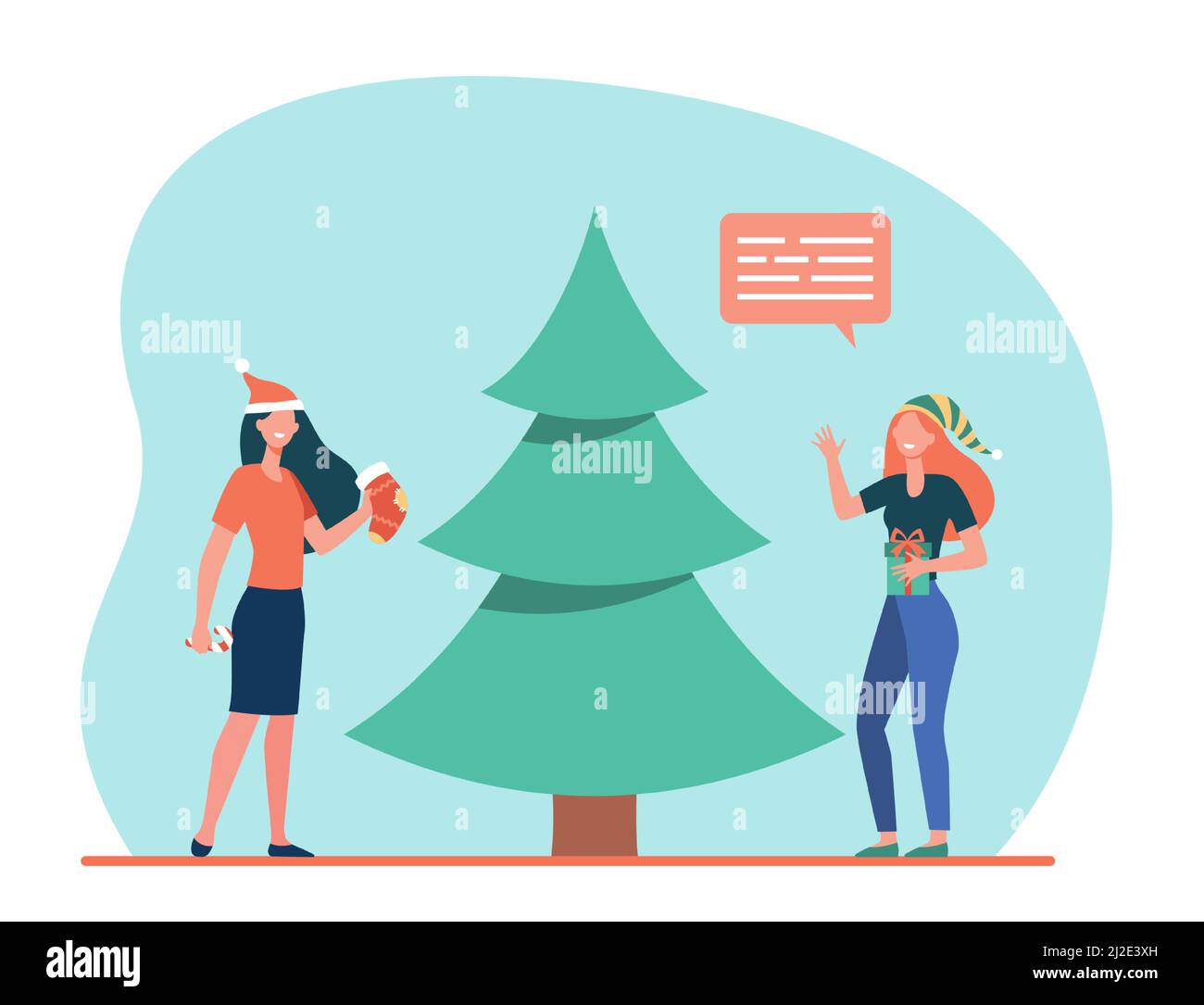 Glückliche Mädchen Dekoration Weihnachtsbaum. Geschenk, Geschenk, Strumpf flache Vektor-Illustration. Weihnachten, Vorabend, Feier Konzept für Banner, Website-Design oder Stock Vektor