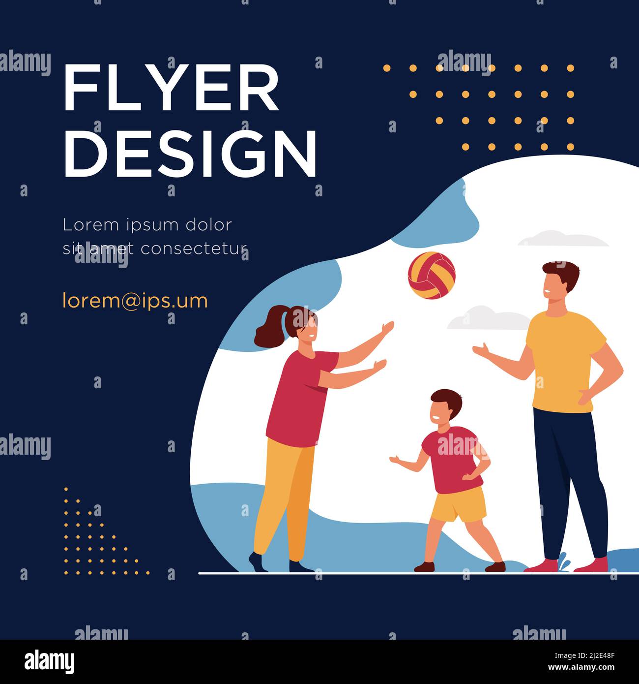 Glückliche Eltern spielen Ball mit Kind flache Vektor-Illustration. Cartoon Vater, Mutter und Sohn Spaß zusammen in der Nähe des Hauses. Familien-Aktivurlaub, s Stock Vektor