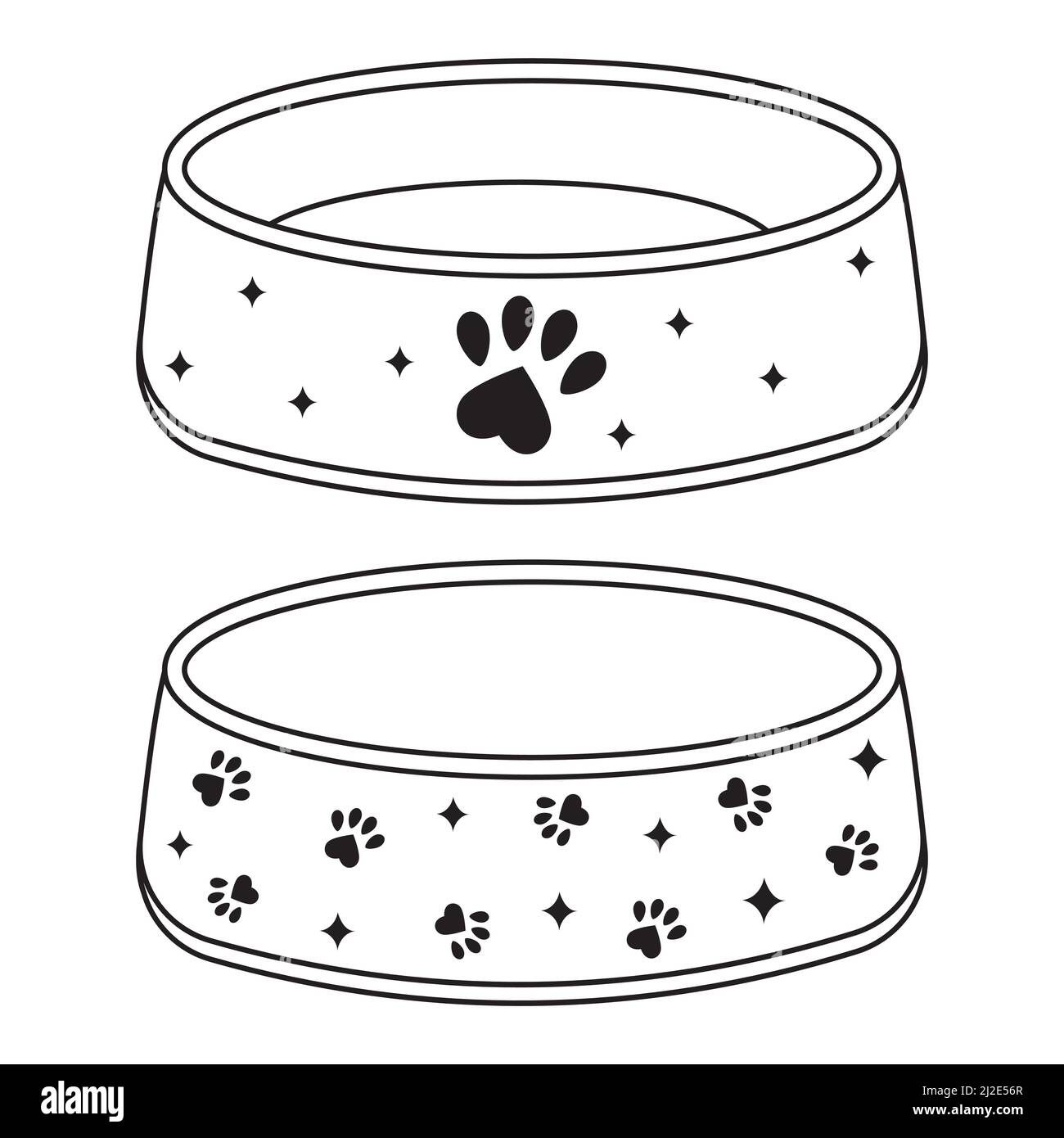 Schale für Trockenfutter und Wasser für Hunde und Katzen, schwarzes Contour Doodle Icon, Vektor isolierte Illustration. Stock Vektor