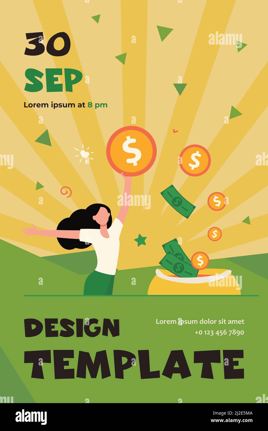 Glückliche Frau, die Geld bekommt. Person Geld sparen, Gewinn oder hohes Einkommen flache Vektor-Illustration. Verdienen, Finanzen, Erfolgskonzept für Banner, w Stock Vektor