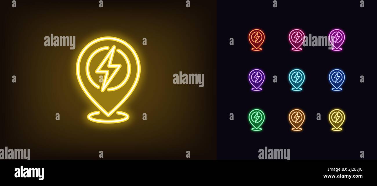 Umreißen Neon-Stromstation Pin-Symbol. Leuchtender Neon-Kartenstift mit Blitzschild, Ladepunkt-Piktogramm. Navigationsmarkierung, Ladestation und Ort Stock Vektor