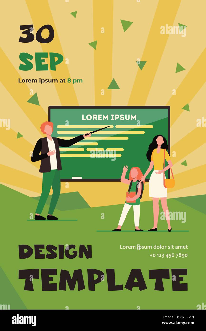 Mutter führt Kind in die Schulklasse. Tochter, Mädchen, Lehrer zeigt auf Tafel flache Vektor-Illustration. Elternschaft, Bildungskonzept für Banner, Stock Vektor