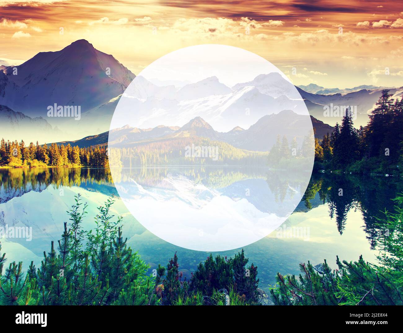 Bergsee im Nationalpark hohe Tatra. Strbske pleso, Slowakei, Europa. Beauty-Welt. Dramatische Szene. Kreatives Design. Schreiben Sie Ihren Text. Stockfoto