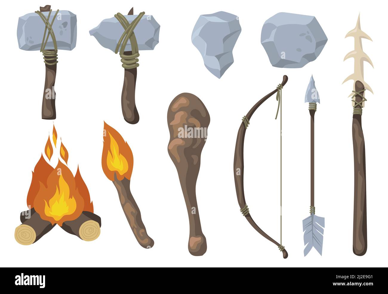 Neanderthal primitive Rock Waffe flach Set für Web-Design. Cartoon alten Pfeil, Bogen, Axt, Keule, Speer isoliert Vektor Illustration Sammlung. Stein Stock Vektor