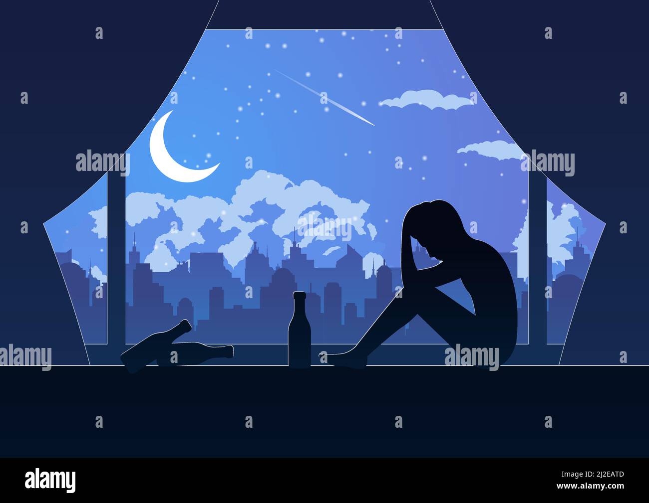 Silhouette Design von einsamen depressiven Mann sitzen zwischen einsamen Nacht in seinem Zimmer, Vektor-Illustration Stock Vektor