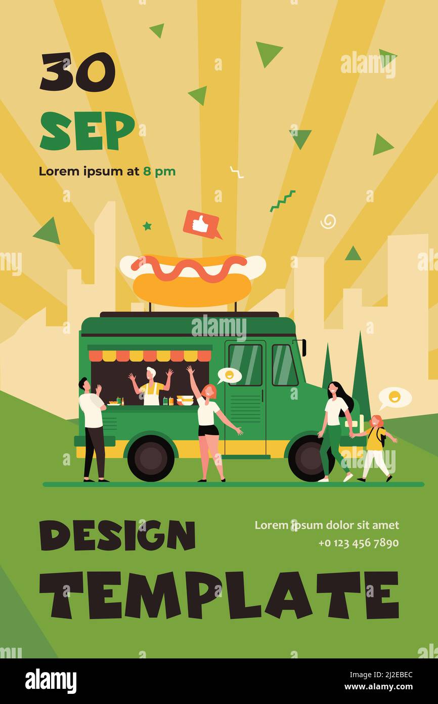 Menschen besuchen Street Food Festival und kaufen Snacks in LKWs. Flache Vektor-Illustration für Messe, Sommer-Event, Markt, Anbieter Konzept Stock Vektor