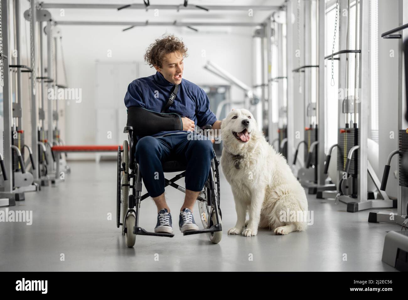 Typ mit Behinderungen im Rollstuhl mit seinem Assistenzhund im Rehabilitationszentrum Stockfoto