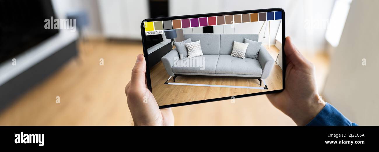 Möbel AR Smartphone Designer Anwendung. Augmented Reality Sofa Stockfoto