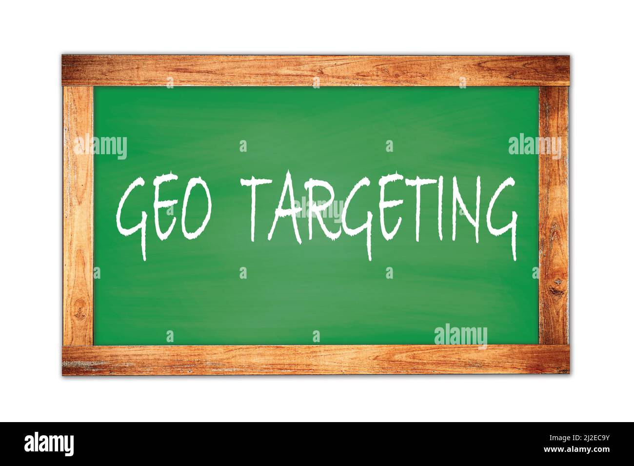 GEO-TARGETING Text auf grünen Holzrahmen Schule Tafel geschrieben. Stockfoto
