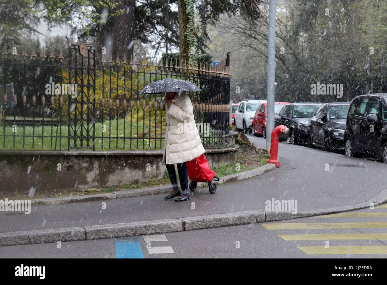 Genf, Schweiz, 2022-04-01 Wonan auf der Straße durch den Schnee. Der erste Apriltag hat mit winterlichen Wetter begonnen. Kredit: marcio cimatti/Alamy Live Nachrichten Stockfoto